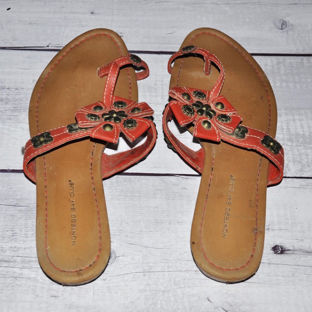 Montego Bay Club Orange Thong Sandals With Brass Flower Decorations
